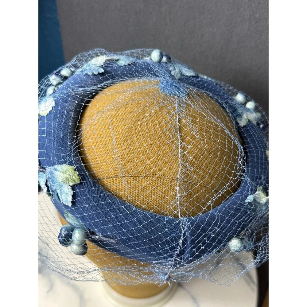 Vintage 1950s Royal Blue Velvet Pillbox Hat Birdcage Veil Floral Beaded Union US